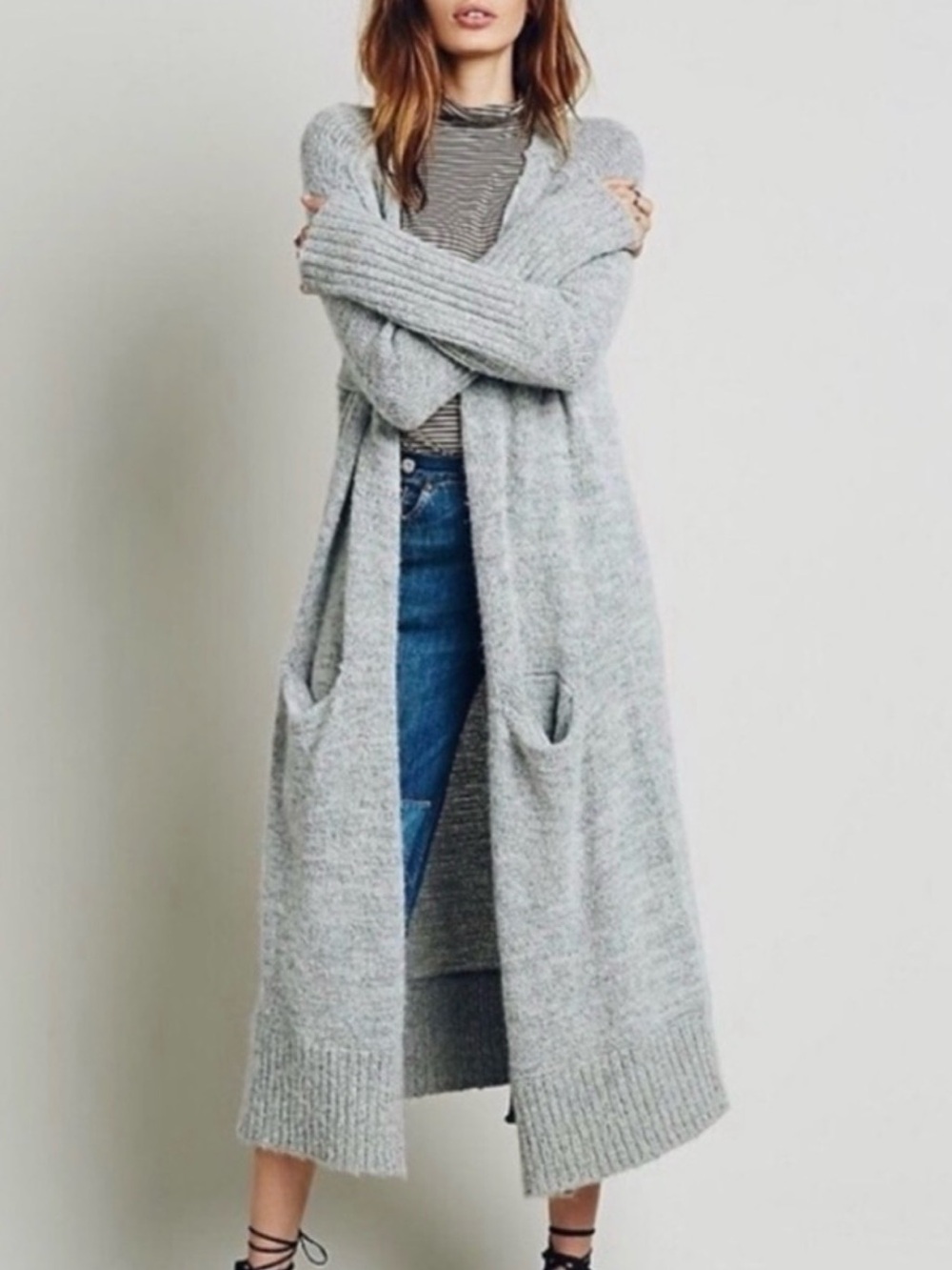 Free People Santa Cruz Maxi Alpaca Long Cardigan Duster Gray Sweater Oversized M